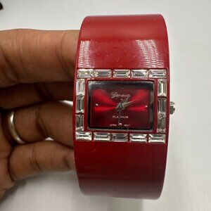 3/$30 Geneva Watch Women Red Hinged Cuff Band Rhinestone Bezel New Battery 6.75"